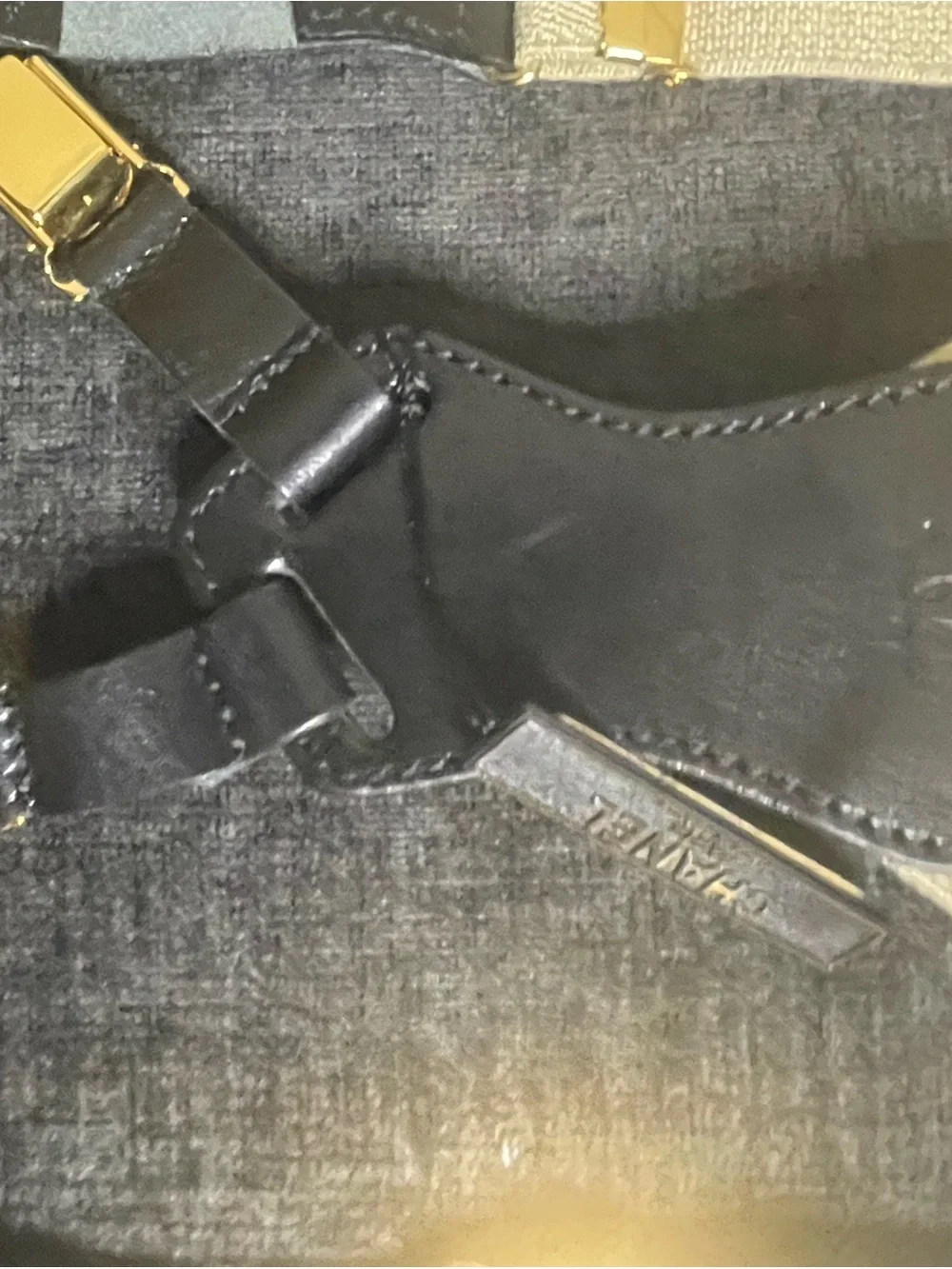 CHANEL Beige Logo Webbing Suspenders with Black Leather Connector